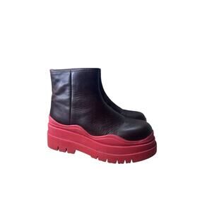 Jeffrey Campbell Sz 6 Brown Leather Platform Boots Chuncky Red Rubber Lug Sole